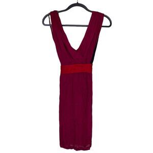 TED BAKER Magenta Pink Dress Red Sash Black Mesh Size 0 V Neck